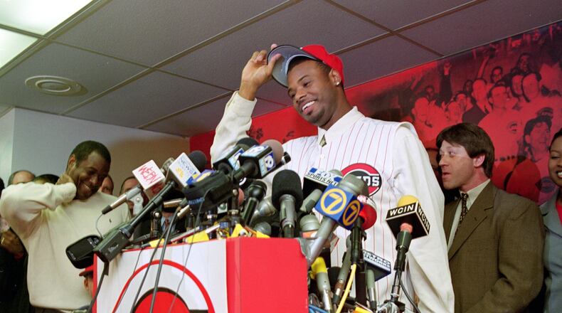 10 Feb 2000: Ken Griffey Jr. of the Cincinnati Reds talks during a press conference at Cinergy Field in Cincinnati, Ohio.. Ezra O. Shaw /Allsport