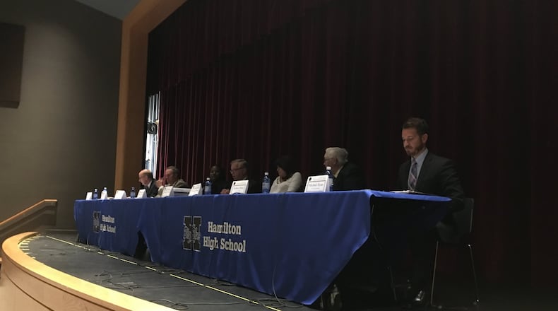 Candidates for Hamilton City Council participated Tuesday in a forum presented by a Hamilton High School student organization. MIKE RUTLEDGE / STAFF