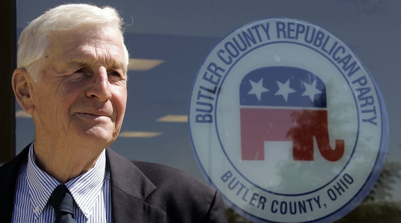 David Kern is pictured in June 2010 after being elected head of the Butler County Republican Party. Kern also served two 16-year stints - ending in 2016 - on Liberty Township Trustees. Kern died at his home Tuesday after a long illness. (File Photo\Journal-News)
