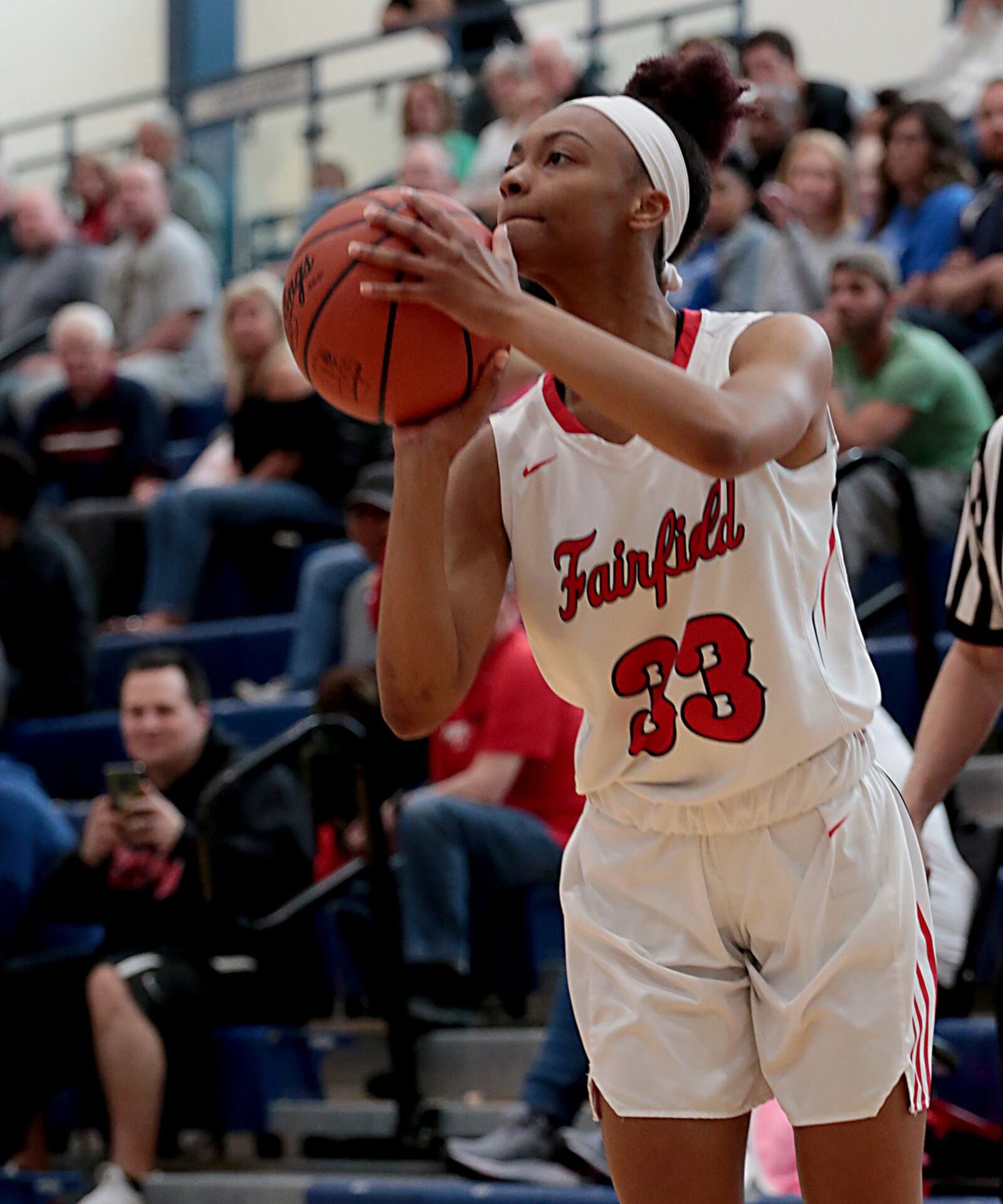 Fairfield’s Kelis Jones (33) squares up for a shot Saturday during the third annual All-Butler County All-Star girls basketball game at the Hamilton Athletic Center. Jones helped the Red team defeat the Blue 41-36. CONTRIBUTED PHOTO BY E.L. HUBBARD