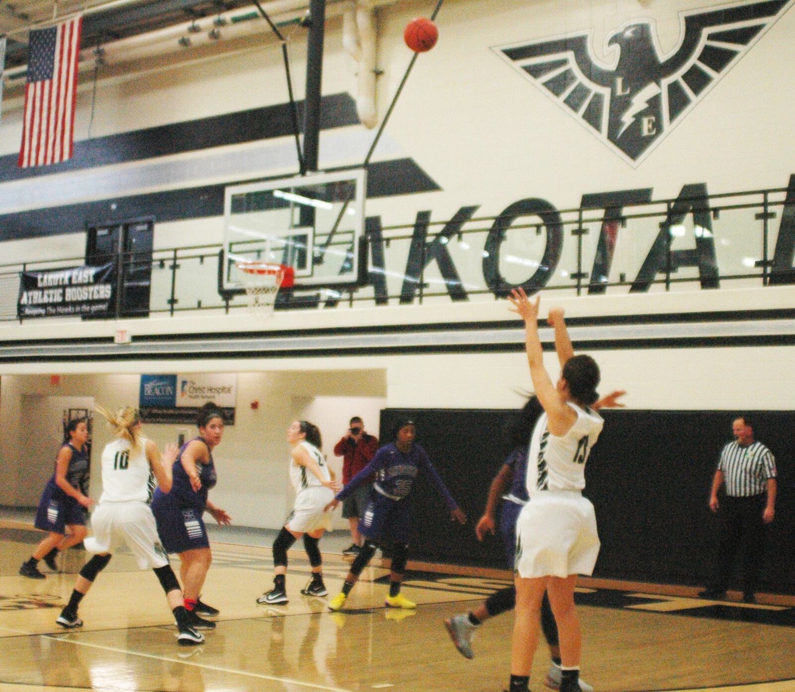 Lakota East’s Jordan Stanley launches a shot during Wednesday night’s game against Middletown in Liberty Township. The host Thunderhawks won 48-43. RICK CASSANO/STAFF
