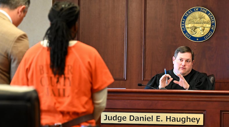 Anthony Folkes, 32, of Fairfield, listens to Butler County Common Pleas Judge Daniel Haughey on April 8, 2025. Folkes is charged with assault, strangulation and resisting arrest. He was stopped by a Hamilton police officer in January 2025 for having a headlight out, but a confrontation escalated. He pled not guilty during his arraignment last month. MICHAEL D. PITMAN/STAFF