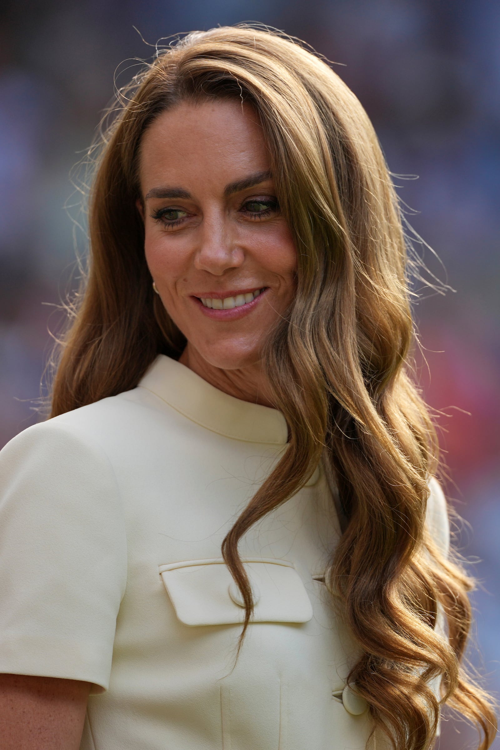 Kate, Princess of Wales participates in the presentation ceremony for the women's singles final at the Wimbledon Tennis Championships in London, Saturday, July 12, 2025. (AP Photo/Kin Cheung)