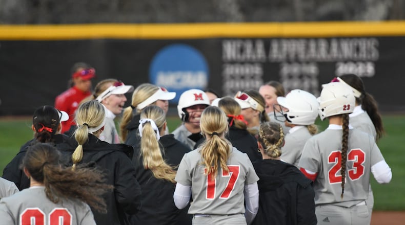 Miami softball players celebrate a win over Louisville last week. The RedHawks lead the nation in home runs and are 22-6 this season. Joe Zak/Miami Athletics