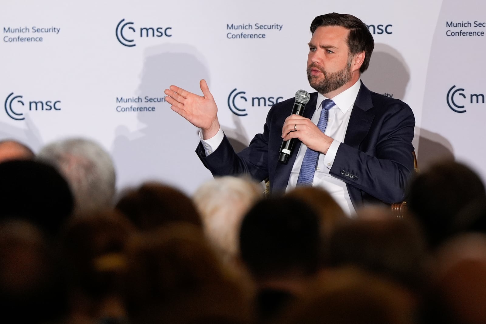 Vice President JD Vance speaking at the Munich Leaders Meeting, Wednesday, May 7, 2025, in Washington. (AP Photo/Julia Demaree Nikhinson)