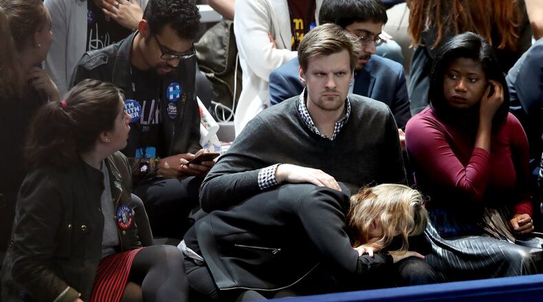 NEW YORK, NY - NOVEMBER 09: People watch the voting results at Democratic presidential nominee former Secretary of State Hillary Clinton’s election night event at the Jacob K. Javits Convention Center November 9, 2016 in New York City. Clinton is running against Republican nominee, Donald J. Trump to be the 45th President of the United States. (Photo by John Moore/Getty Images)