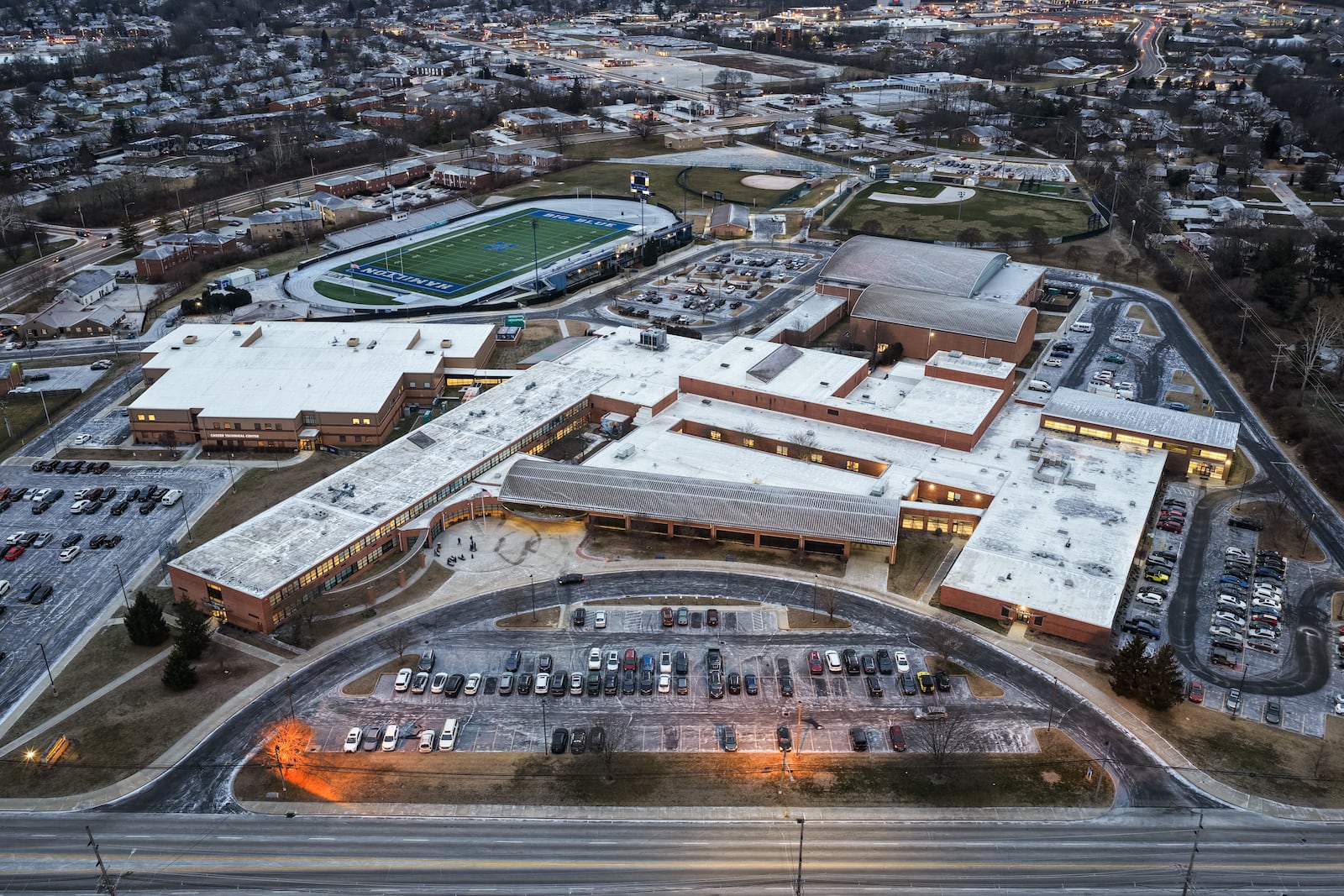Hamilton High School on Eaton Avenue in Hamilton is seen on a snowy Friday, Jan. 16, 2026. NICK GRAHAM/STAFF