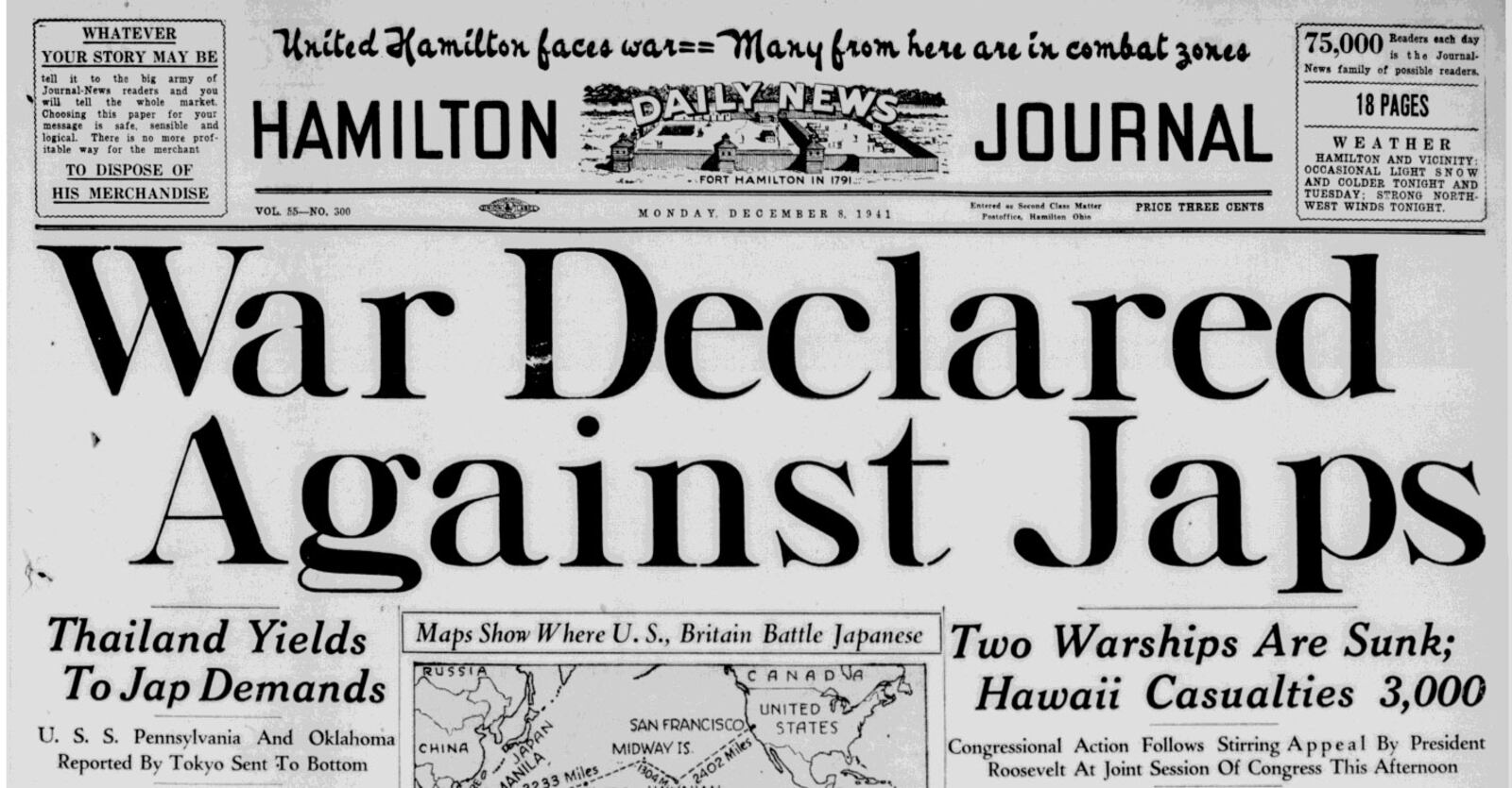A banner headline on the cover of the Hamilton Journal Daily News on Dec. 8, 1941. CREDIT: JOURNAL-NEWS ARCHIVES