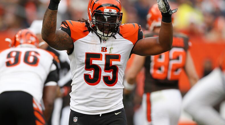 CLEVELAND, OH - DECEMBER 6: Vontaze Burfict #55 of the Cincinnati Bengals reacts to a second quarter defensive stop while playing the Cleveland Browns at FirstEnergy Stadium on December 6, 2015 in Cleveland, Ohio. (Photo by Gregory Shamus/Getty Images)