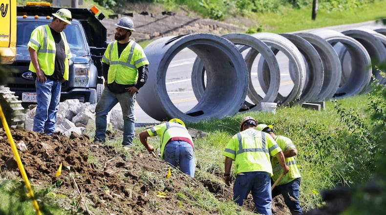 The long-awaited South Gilmore Road widening between Resor and Mack roads began on Monday, June 3, 2024, with a 30-day road closure to install two large-diameter and relatively deep storm sewers crossing South Gilmore Road. Once those are installed, the rest of the project will keep one lane of traffic open in each direction. The project is expected to wrap up by the end of the year. NICK GRAHAM/STAFF