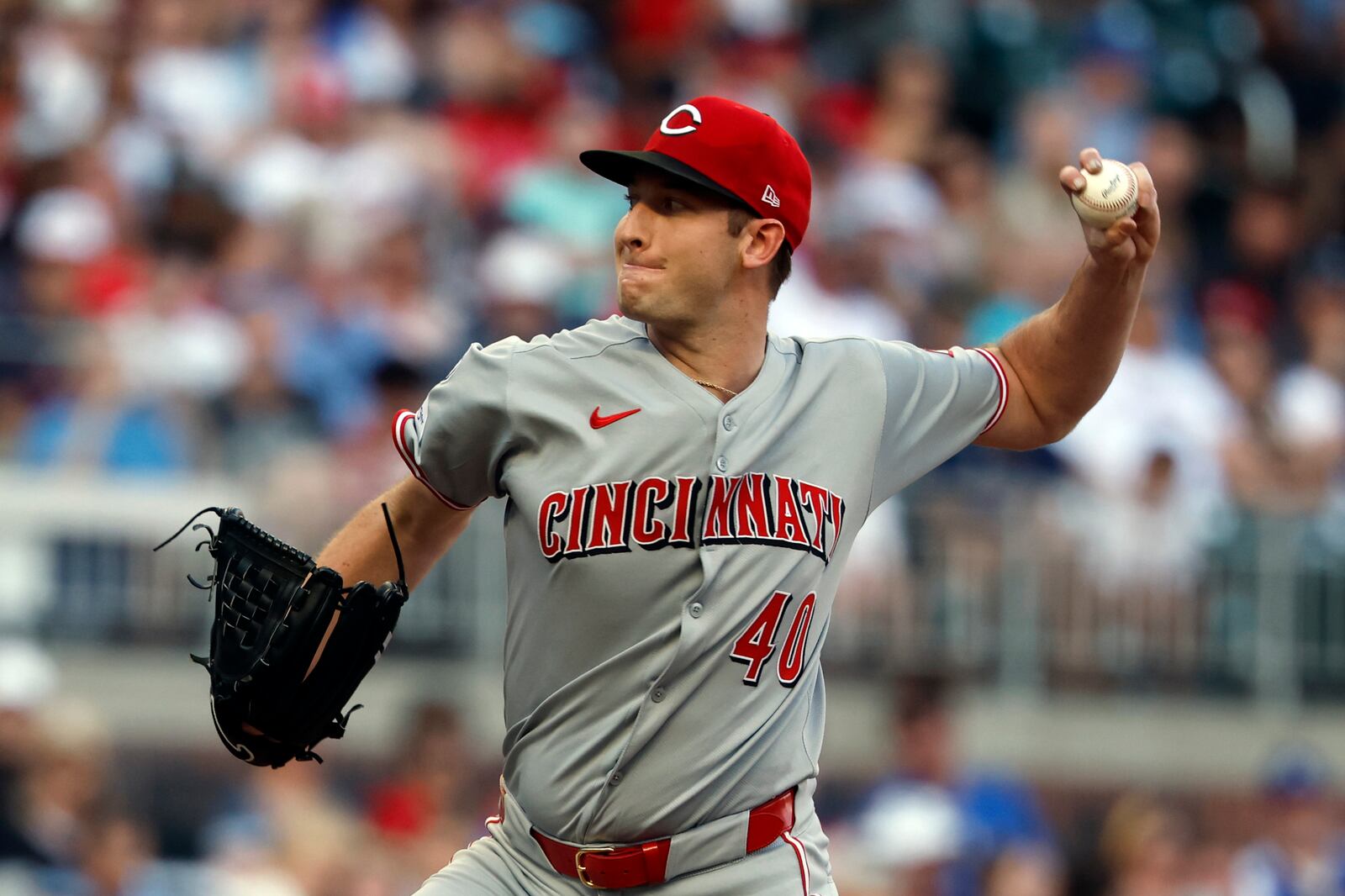 Cincinnati Reds' Nick Lodolo pitches during the first inning of a baseball game against the Atlanta Braves, Thursday, May 8, 2025, in Atlanta. (AP Photo/Butch Dill)