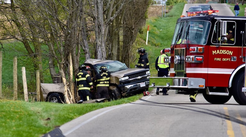 The driver of a 2000 Chevy truck allegedly ran a stop sign Friday afternoon at the corner of Keister and Germantown roads causing a two-vehicle crash. The truck hit a mailbox, telephone phone and a tree. Two people in the truck went transported to area hospitals. NICK GRAHAM/STAFF