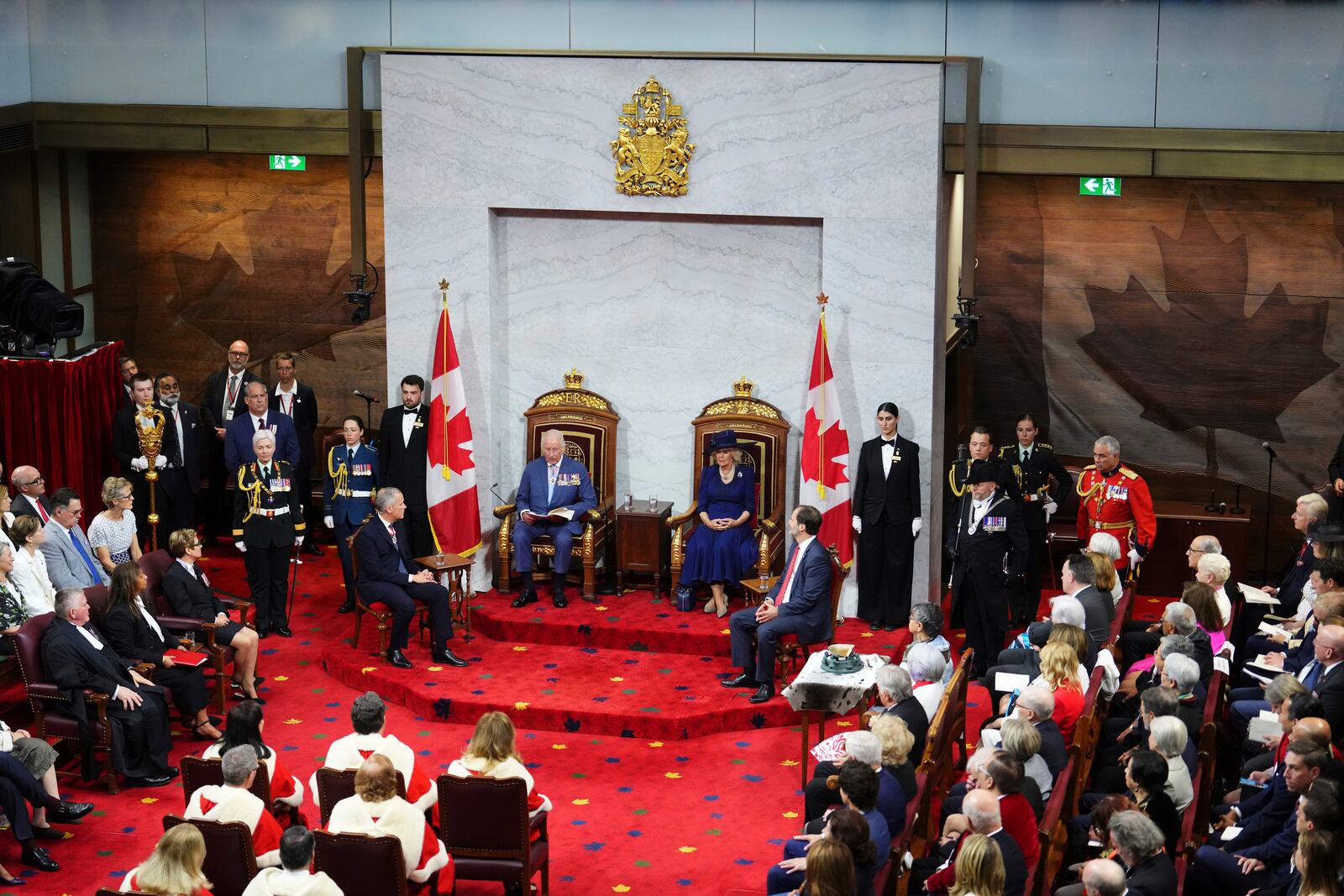King Charles delivers the speech from the throne in the Senate in Ottawa, Canada, on Tuesday, May 27, 2025. (Sean Kilpatrick/The Canadian Press via AP)