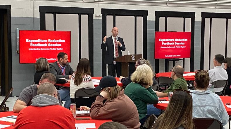 The Fairfield Board of Education will soon decide on a sweeping package of proposed budget cuts for next school year should voters reject an earned income tax in the May election. Last week, the school board agreed to consider a list of recommended reductions impacting teaching and administrative jobs, classroom instruction specialists, student programs, school building weekday and weekend hours, higher student sports and extracurricular fees, elimination of student field trips and more in the 10,000-student school system. Pictured is Fairfield Schools Treasurer Jay Phillips at a recent public forum on budget cuts. MICHAEL D. CLARK/CONTRIBUTED