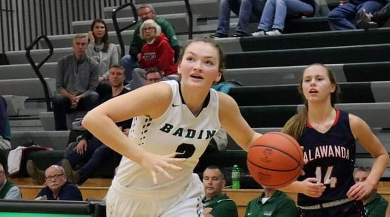 Badin’s Shelby Nusbaum (2) heads toward the basket as Talawanda’s Sophie Pohlabel (14) watches during Wednesday night’s game at Mulcahey Gym in Hamilton. Badin won 79-36. CONTRIBUTED PHOTO BY TERRI ADAMS