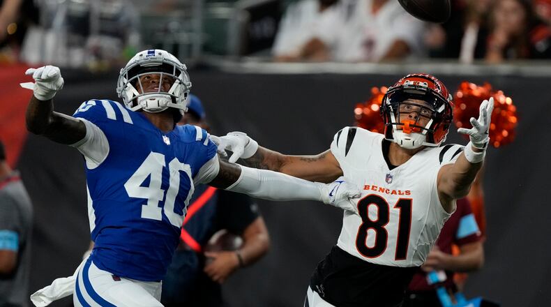 Indianapolis Colts cornerback Jaylon Jones (40) breaks up a pass intended for Cincinnati Bengals wide receiver Jermaine Burton (81) during the first half of a preseason NFL football game, Thursday, Aug. 22, 2024, in Cincinnati. (AP Photo/Carolyn Kaster)