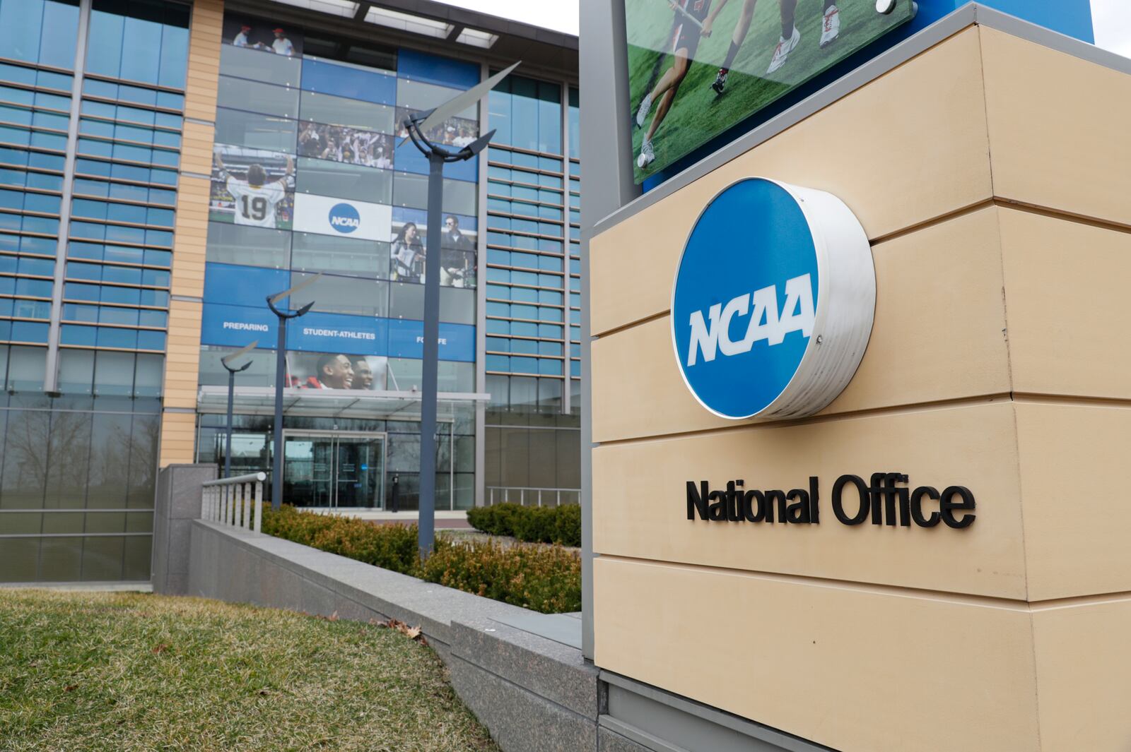 FILE - The NCAA headquarters in Indianapolis is seen on March 12, 2020. (AP Photo/Michael Conroy, File)