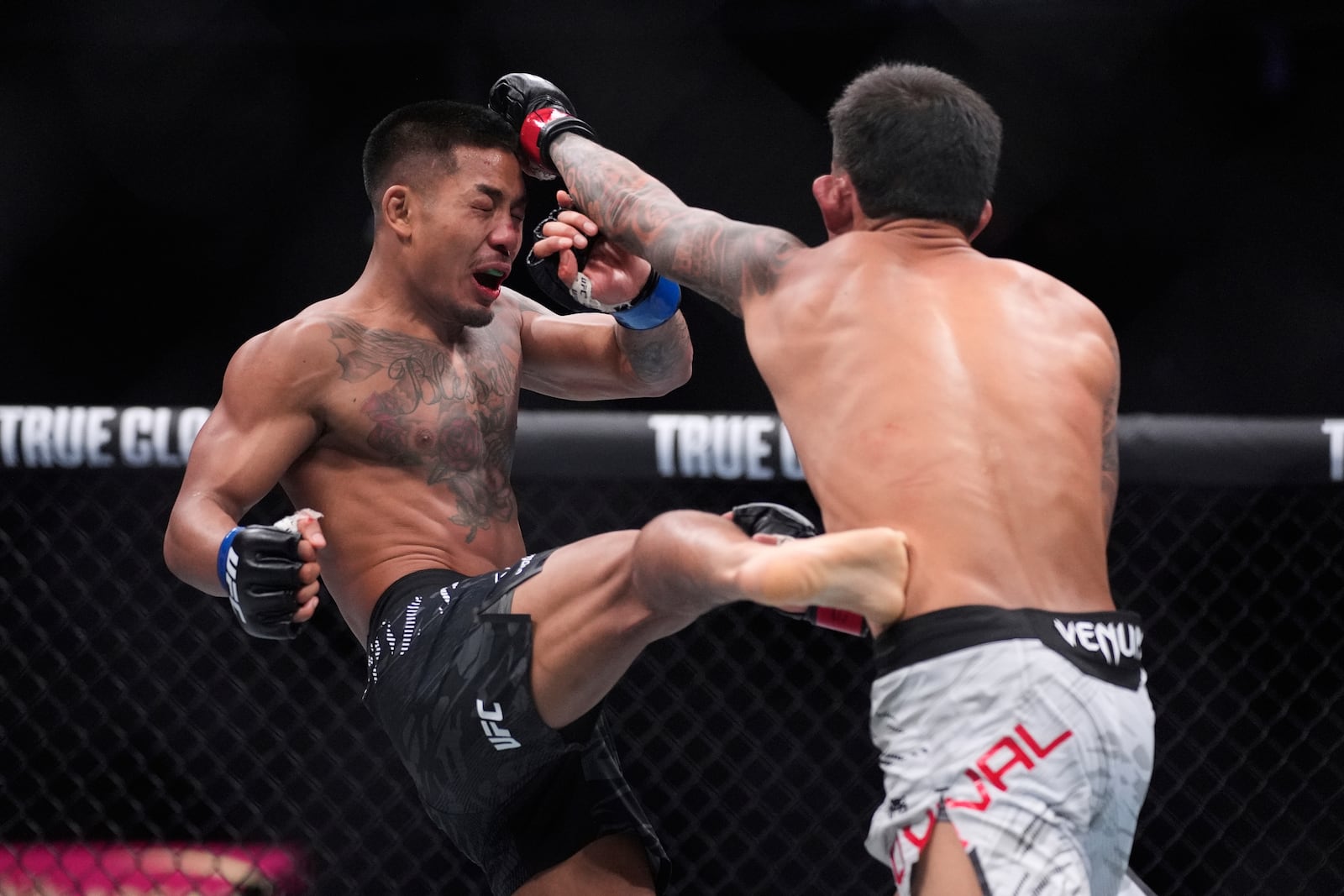 Joshua Van kicks Brandon Royval in a flyweight fight at UFC 317, Saturday, June 28, 2025, in Las Vegas. (AP Photo/John Locher)