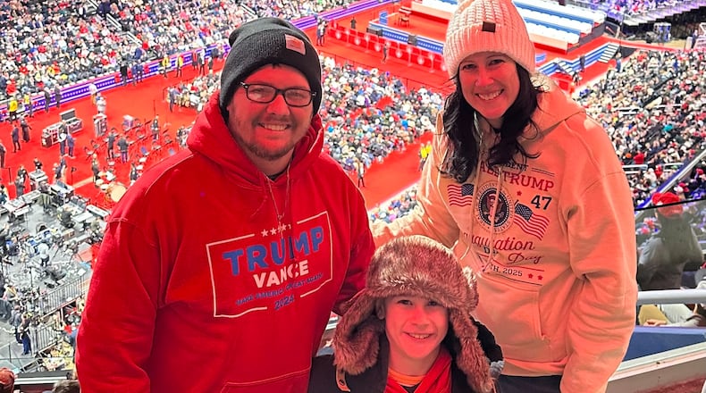 The Carter family Corey, Kelley and their son, Miles, were in Capital One Arena Monday to watch the televised inauguration of President Donald Trump and Vice President JD Vance, a Middletown native. They also watched the parade that featured the Middletown High School marching band and cheerleaders. SUBMITTED PHOTO