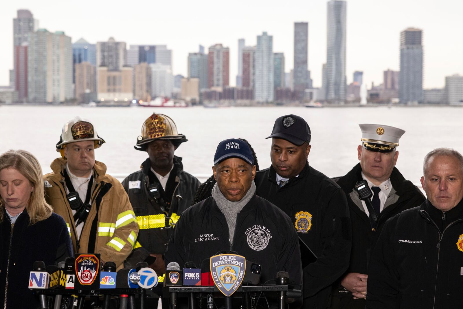 New York City Mayor Eric Adams speaks during a press conference at Pier 40, where a helicopter went down in the Hudson River between Manhattan and the New Jersey waterfront, Thursday, April 10, 2025, in New York. (AP Photo/Yuki Iwamura)