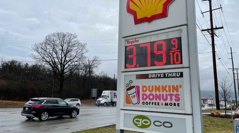 Shell gas station on Monday, March 7, 2022, had gas prices for regular unleaded at $3.799 per gallon and more than $4 for higher octane fuel and more than $5 a gallon for diesel. MICHAEL D. PITMAN/STAFF