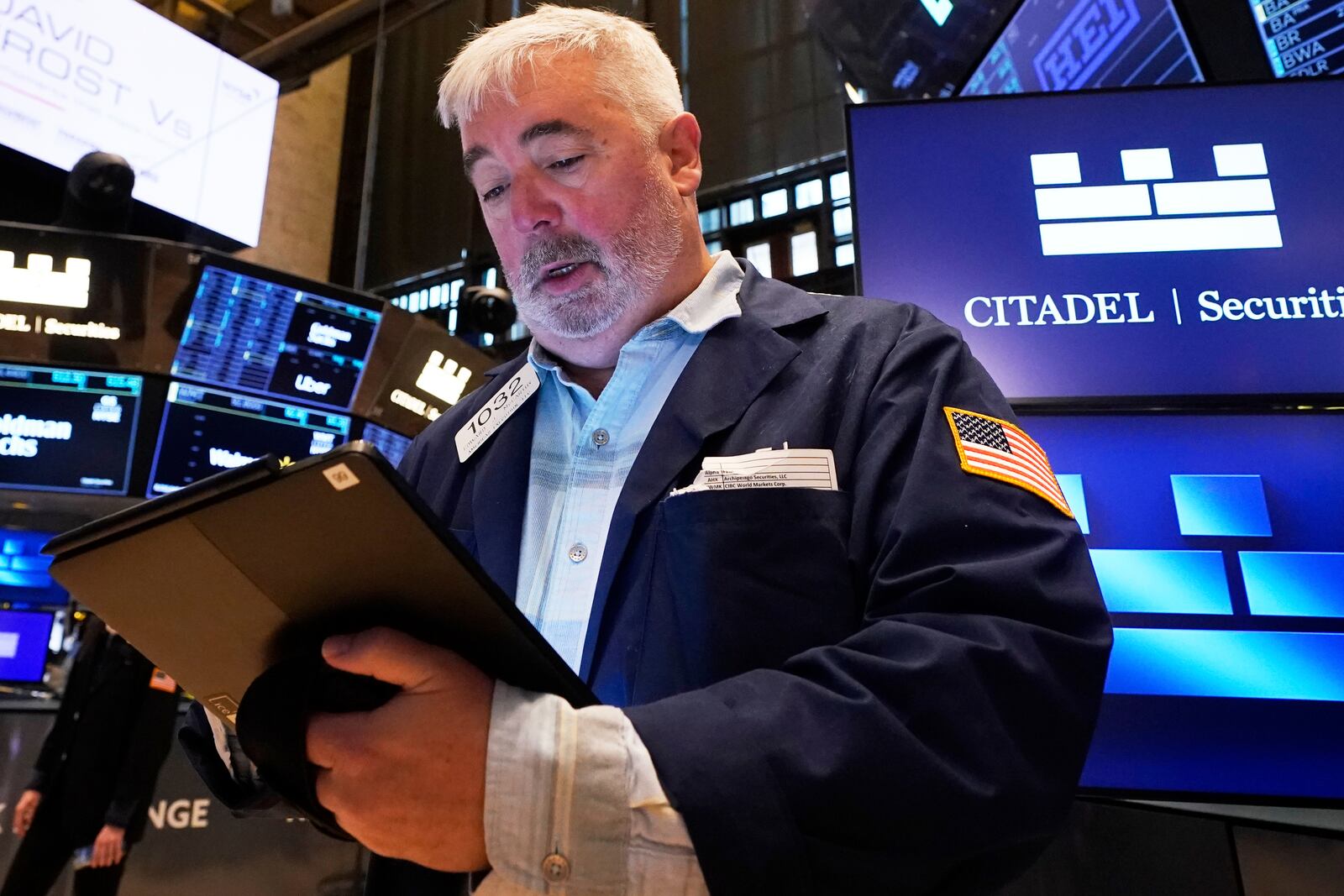 Trader Edward McCarthy works on the floor of the New York Stock Exchange, Monday, April 14, 2025. (AP Photo/Richard Drew)