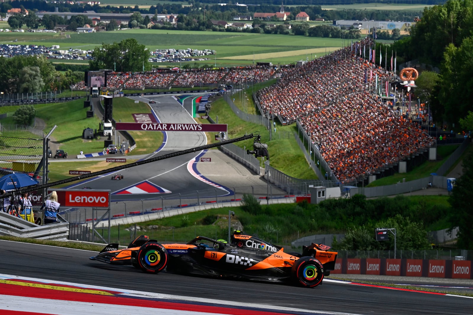 McLaren driver Lando Norris of Britain in action during the qualifying at the Red Bull Ring racetrack, ahead of the Austrian Formula One Grand Prix in Spielberg, Austria, Saturday, June 28, 2025. (AP Photo/Denes Erdos)