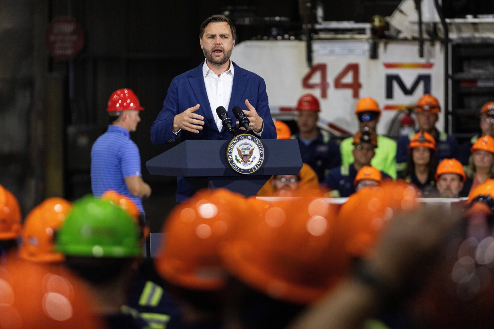 Vice President JD Vance speaks at the Metallus plant in Canton, Ohio, Monday, July 28, 2025. (Maddie McGarvey/The New York Times via AP, Pool)