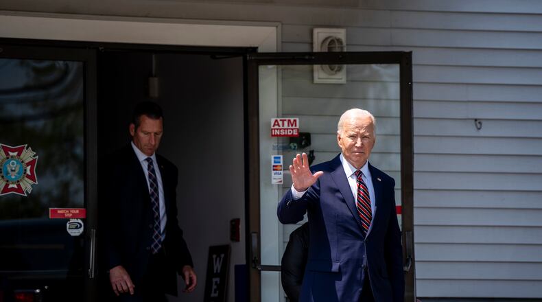 President Joe Biden after a conversation with Lisa Clark, an Air Force veteran, at VFW Post 8641 in Merrimack, N.H., Tuesday, May 21, 2024. (Haiyun Jiang/The New York Times)
