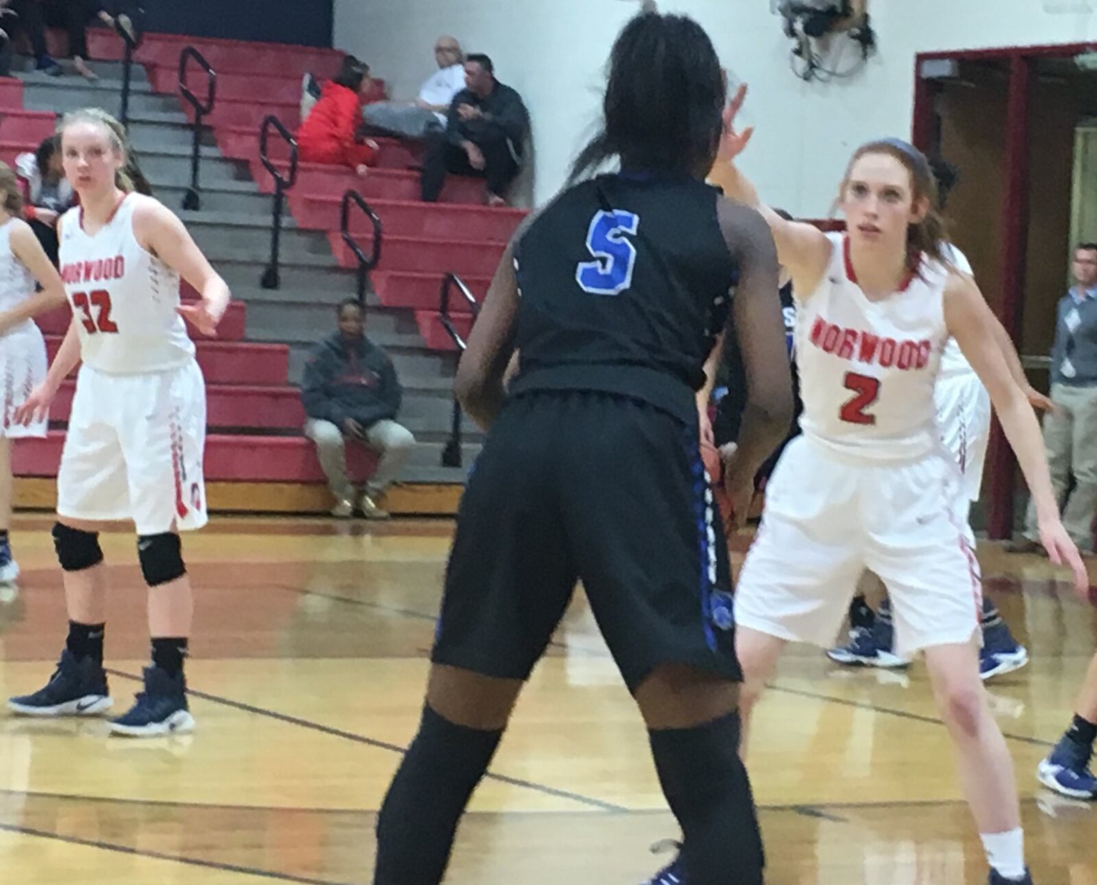 Norwood’s Ryan Williams (2) gets in front of Cincinnati Christian’s Aaliyah Johnson (5) during Wednesday night’s game at Norwood. RICK CASSANO/STAFF