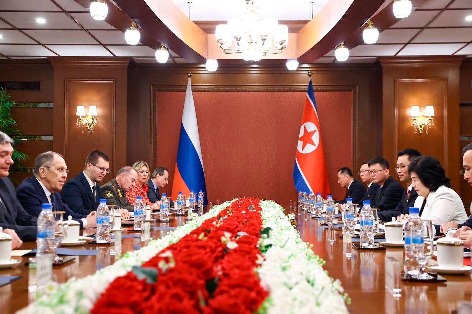 In this photo released by Russian Foreign Ministry Press Service, Russian Foreign Minister Sergey Lavrov, second left, and North Korean Foreign Minister Choe Son Hui, second right, attend the talks in Wonsan, North Korea, on Saturday, July 12, 2025. (Russian Foreign Ministry Press Service via AP)