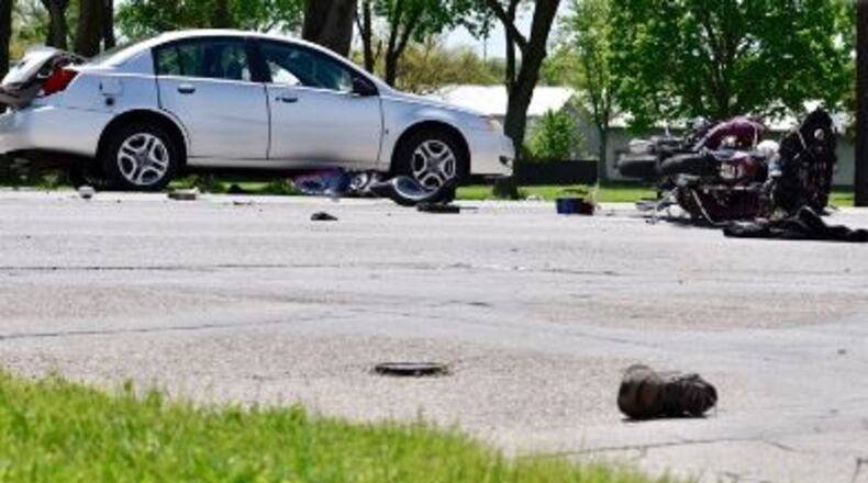 This was the scene Tuesday after a wreck on Ohio 4 involving a motorcycle and a car that later had the rider of the motorcycle transported to the University of Cincinnati Medical Center. NICK GRAHAM/STAFF