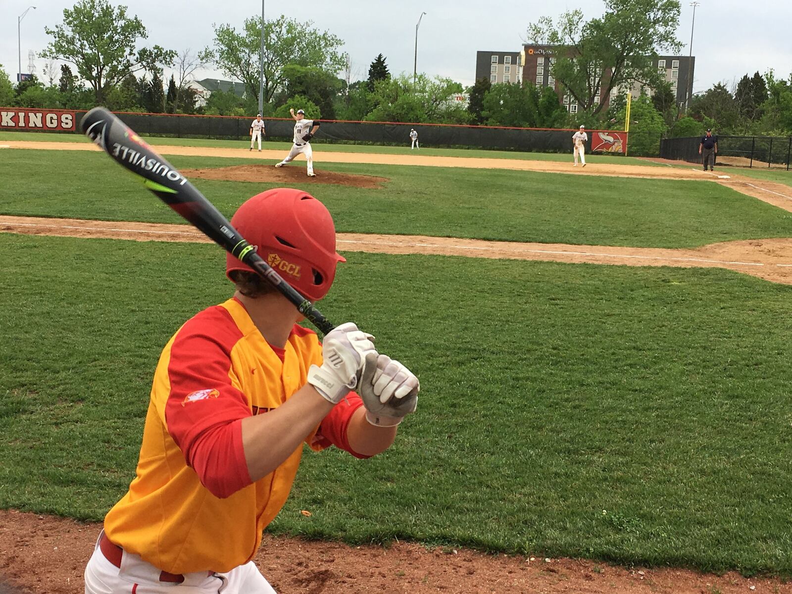 Fenwick’s Matt Fink eyes Cincinnati Hills Christian Academy pitcher Clayton Brock from the on-deck circle during Friday’s Division II district semifinal at Princeton. RICK CASSANO/STAFF
