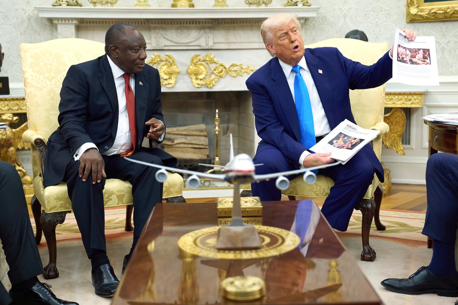 President Donald Trump meets South Africa's President Cyril Ramaphosa in the Oval Office of the White House, Wednesday, May 21, 2025, in Washington. (AP Photo/Evan Vucci)