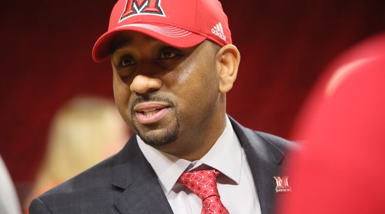 Jack Owens was introduced Thursday as the new men’s basketball coach at Miami University. GREG LYNCH/STAFF