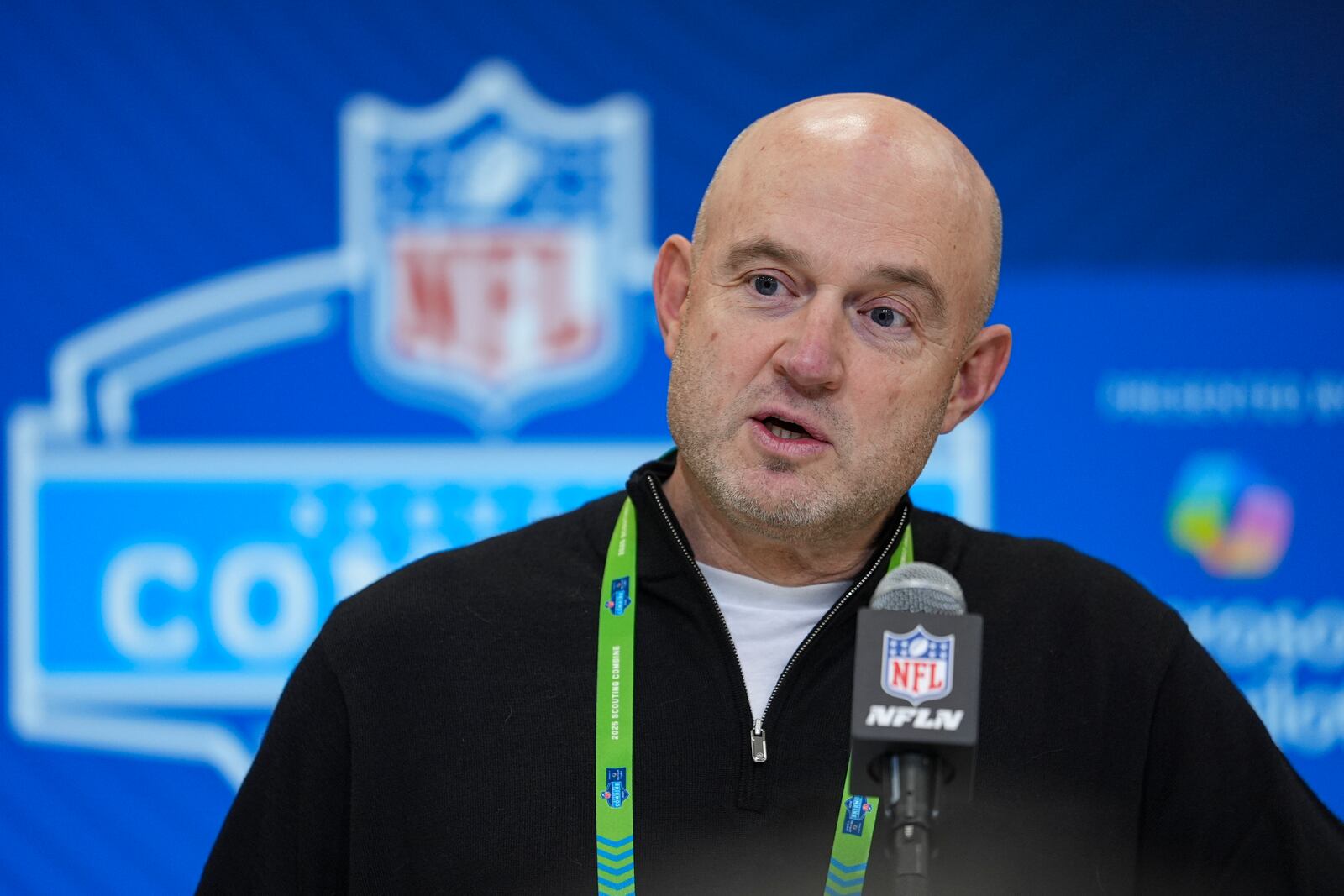 Cincinnati Bengals director of player personnel Duke Tobin speaks during a press conference at the NFL football scouting combine in Indianapolis, Tuesday, Feb. 25, 2025. (AP Photo/Michael Conroy)