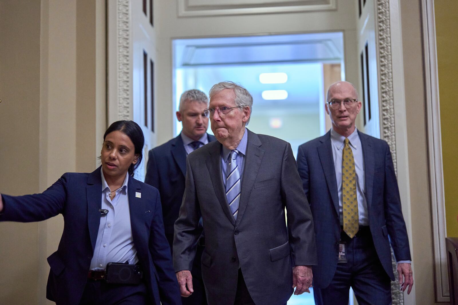 Sen. Mitch McConnell, R-Ky., leaves a meeting with White House Chief of Staff Susie Wiles and GOP senators on the sweeping bill favored by President Donald Trump, at the Capitol in Washington, Wednesday, June 18, 2025. (AP Photo/J. Scott Applewhite)