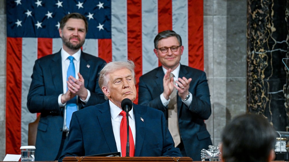 President Donald Trump delivers the State of the Union address to a joint session of Congress in the House chamber at the U.S. Capitol in Washington, Tuesday, Feb. 24, 2026. (Kenny Holston/The New York Times via AP, Pool)