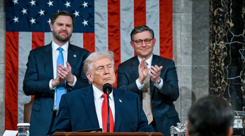 President Donald Trump delivers the State of the Union address to a joint session of Congress in the House chamber at the U.S. Capitol in Washington, Tuesday, Feb. 24, 2026. (Kenny Holston/The New York Times via AP, Pool)