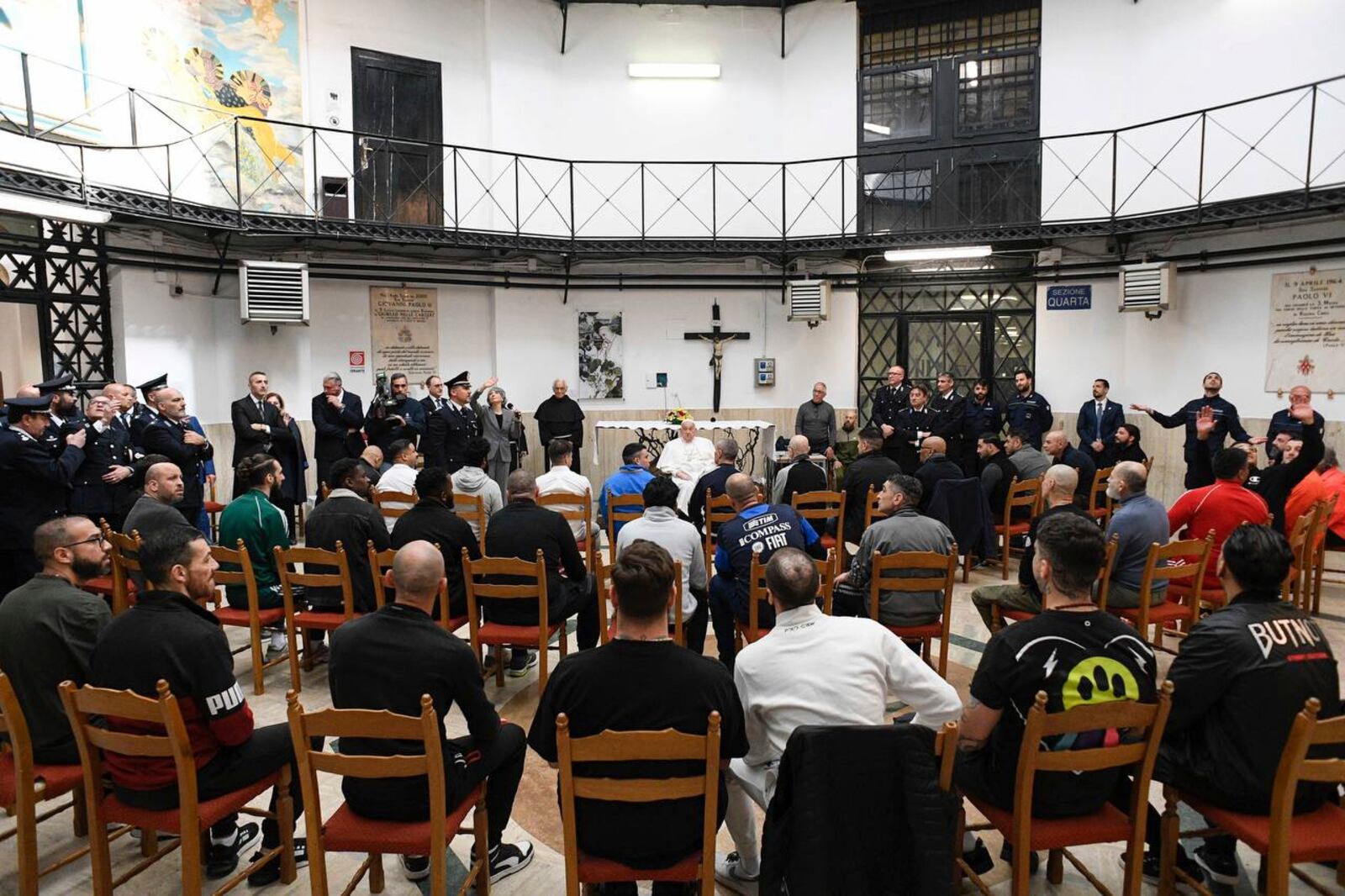 Pope Francis meets with inmates during his visit to the Regina Coeli penitentiary in Rome on Holy Thursday, Thursday, April 17, 2025. (Holy See Press Office via AP, HO)