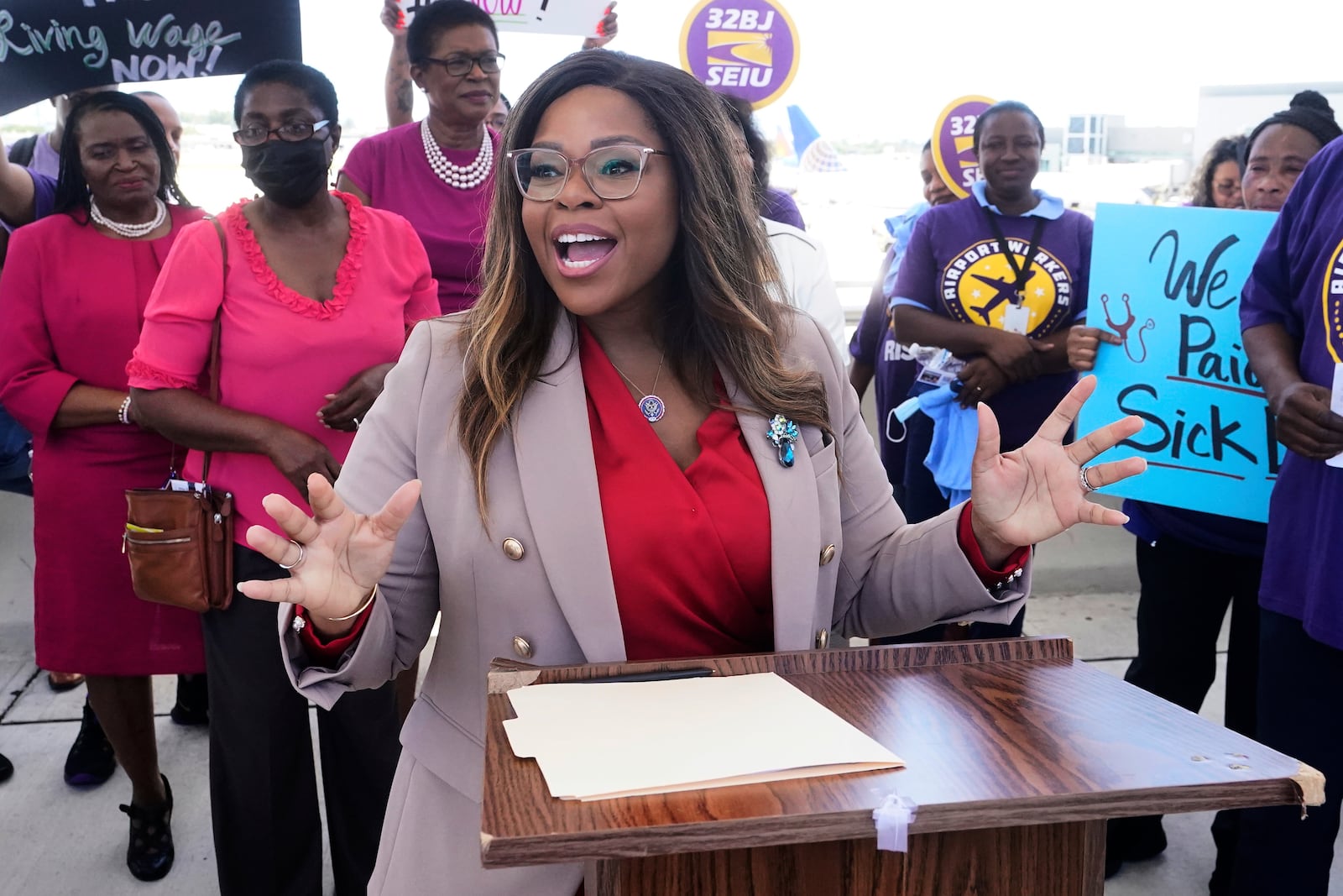 FILE - Rep. Sheila Cherfilus-McCormick, D-Fla., speaks at an event, July 7, 2022, in Fort Lauderdale, Fla. (AP Photo/Wilfredo Lee, File)