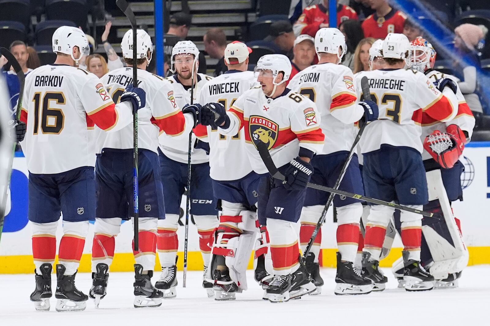 Florida Panthers players celebrate after defeating the against the Tampa Bay Lightning during Game 1 of an NHL hockey Stanley Cup first-round playoff series, Tuesday, April 22, 2025, in Tampa, Fla. (AP Photo/Chris O'Meara)