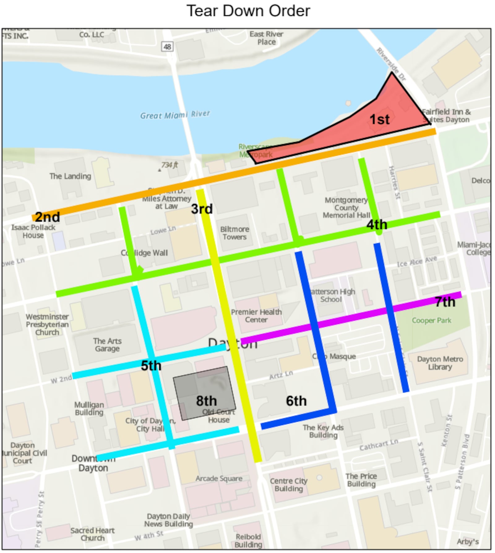 Dayton police map of the order of fences coming down and roads reopening following the NATO assembly on Monday, May 26, 2025. PROVIDED