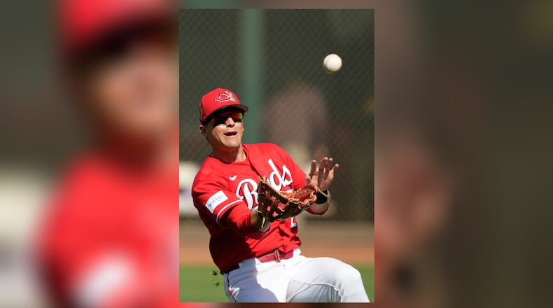 Cincinnati Reds left fielder TJ Friedl catches a fly ball by center fielder Bryce Johnson during the first inning of a spring baseball game in Goodyear, Ariz., Thursday, Feb. 26, 2026. (AP Photo/Chris Carlson)