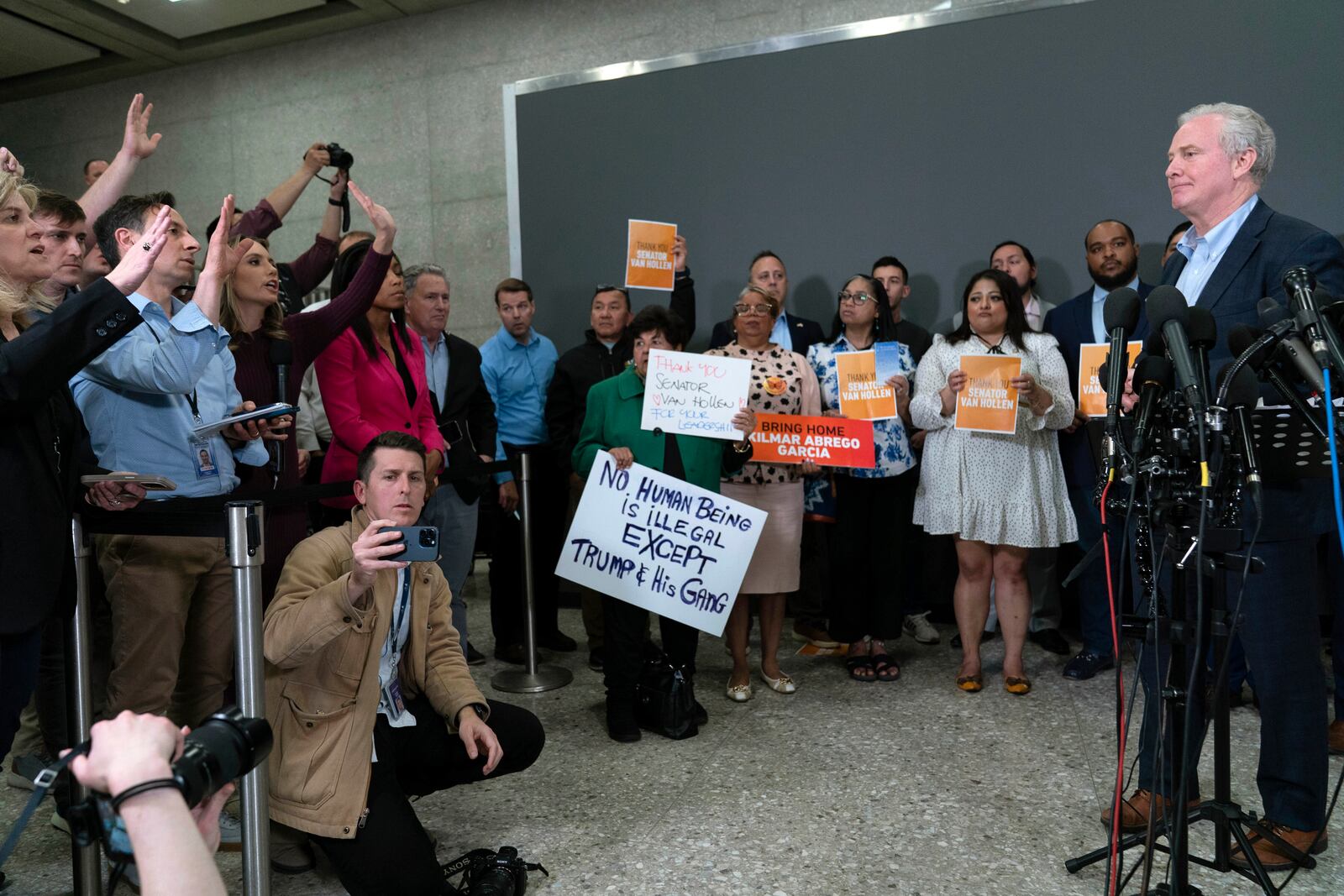 Sen. Chris Van Hollen, D-Md., speaks during a news conference upon his arrival from meeting with Kilmar Abrego Garcia in El Salvador, at Washington Dulles International Airport, in Chantilly, Va., Friday, April 18, 2025. (AP Photo/Jose Luis Magana)