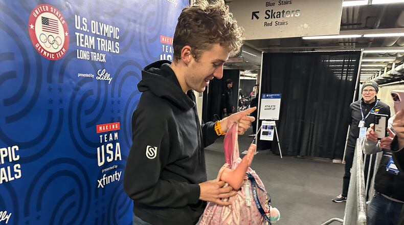 Speedskater Casey Dawson of Park City, Utah, speaks to the media at the U.S. Olympic trials for long track speedskating at the Pettit National Ice Center in Milwaukee, Jan. 4, 2026. (AP Photo/Howard Fendrich)