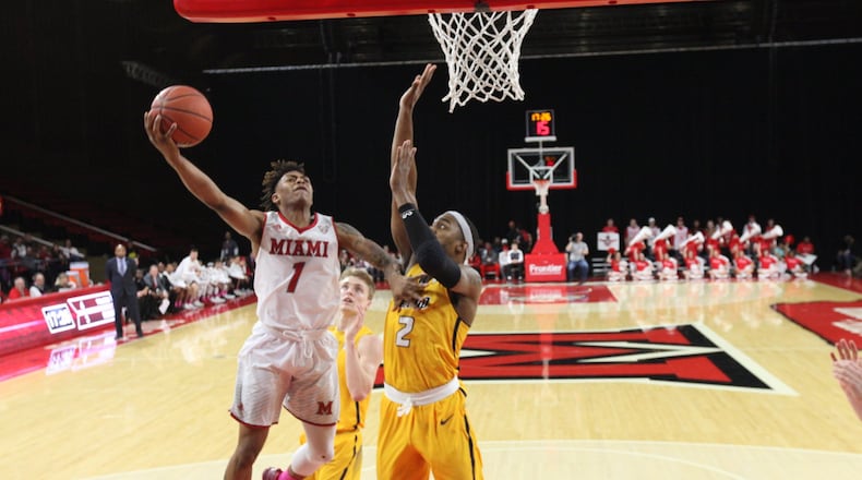 Miami’s Nike Sibande goes up for a bucket during Friday night’s game vs. Toledo at Millett Hall. PHOTO Courtesy of Miami University