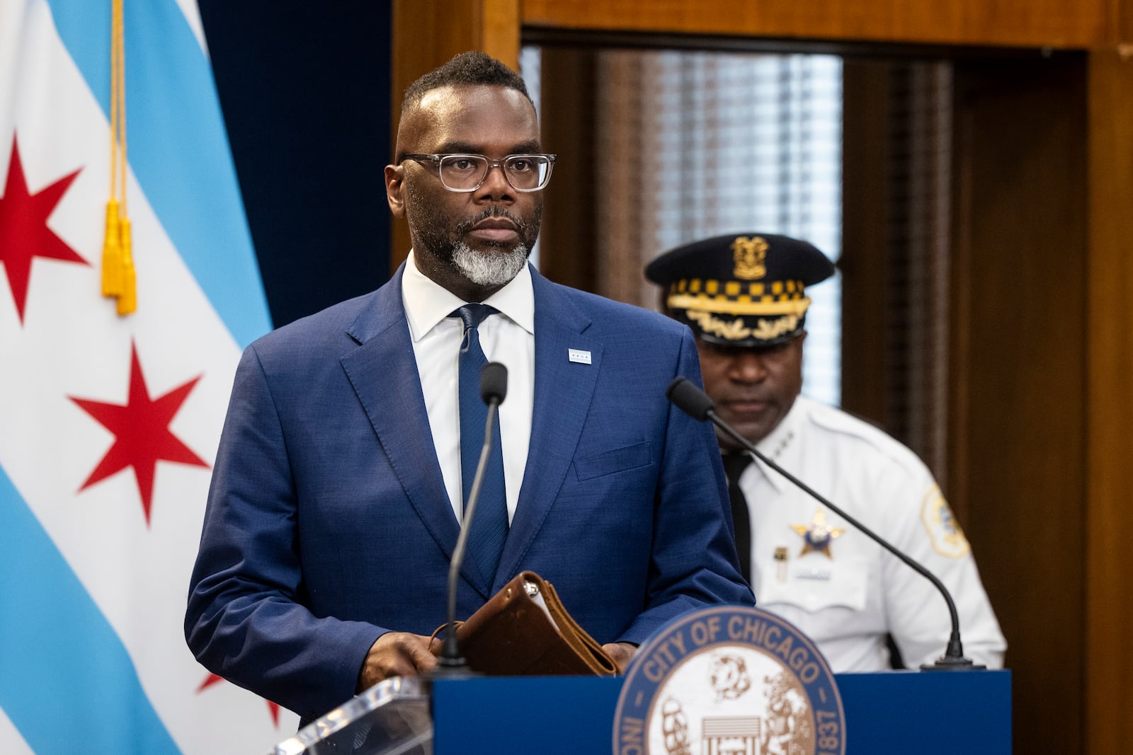 Chicago mayor Brandon Johnson responds to an overnight shooting during a news conference at City Hall in the Loop, Thursday, July 3, 2025. (Ashlee Rezin/Chicago Sun-Times via AP)