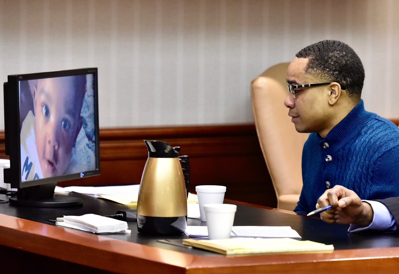 Michael Grevious II became emotional in court today when a photo of his young son was shown. 