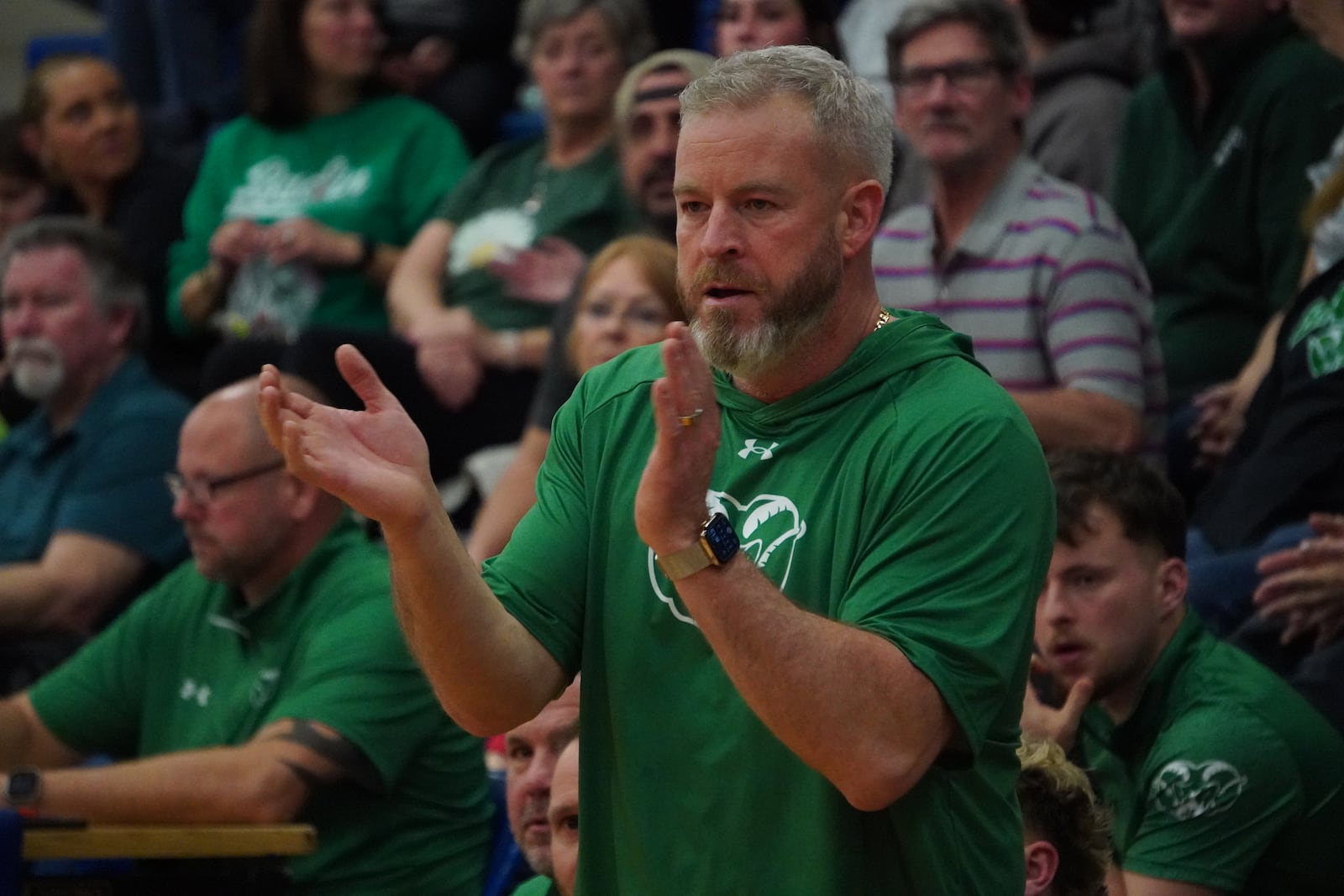 Badin coach Ben Cosgrove reacts during his team’s game against Northwest on Tuesday night. CHRIS VOGT / CONTRIBUTED